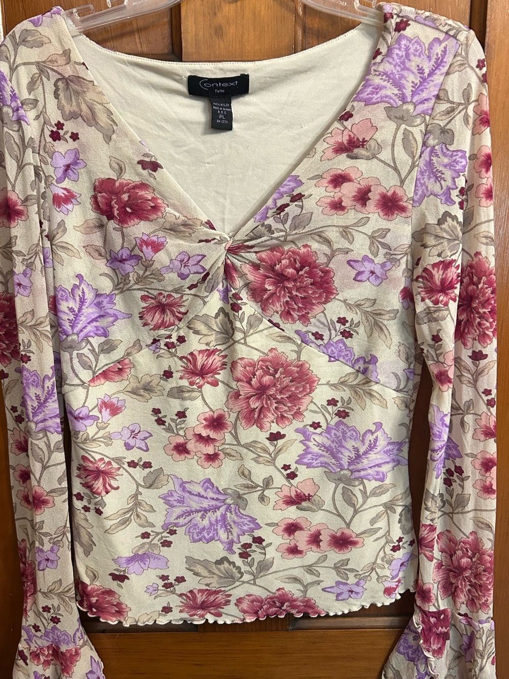 Vintage Y2K Mesh Double Layered Floral Shirt with Decorative Bell Sleeves